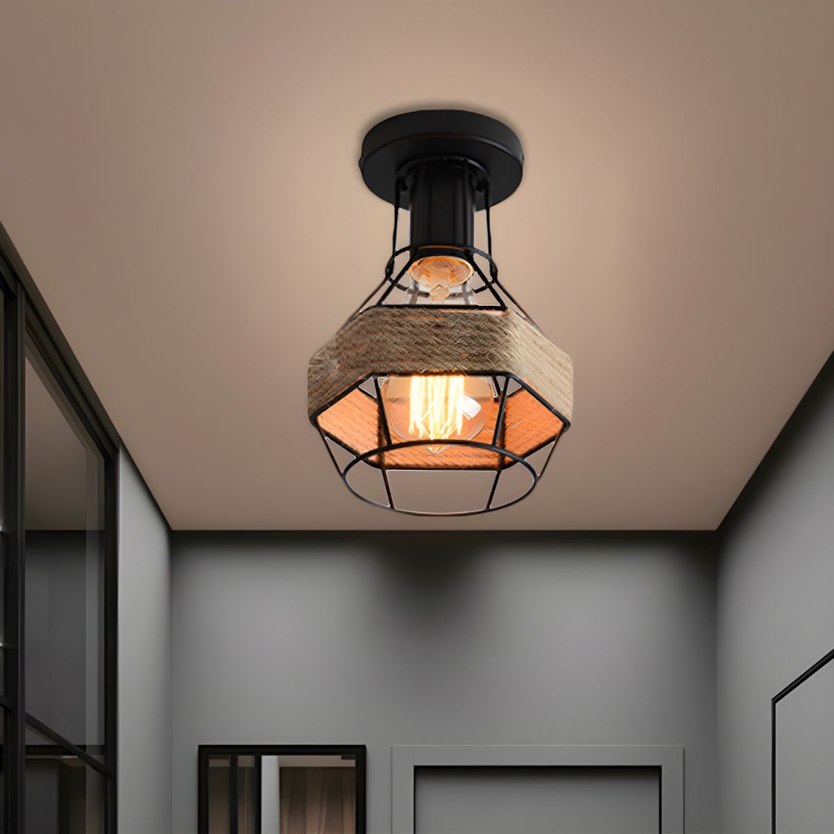 Ceiling Light Metal Rope Globe Cage Industrial Style | Norvexa