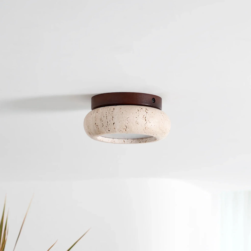 Ceiling Light Travertine Stone Wood Base Modern Interior | Norvin