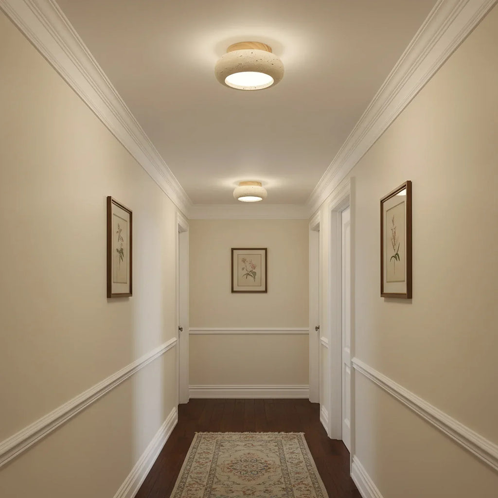 Ceiling Light Travertine Stone Wood Base Modern Interior | Norvin
