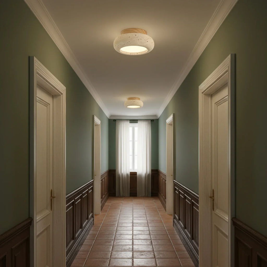 Ceiling Light Travertine Stone Wood Base Modern Interior | Norvin