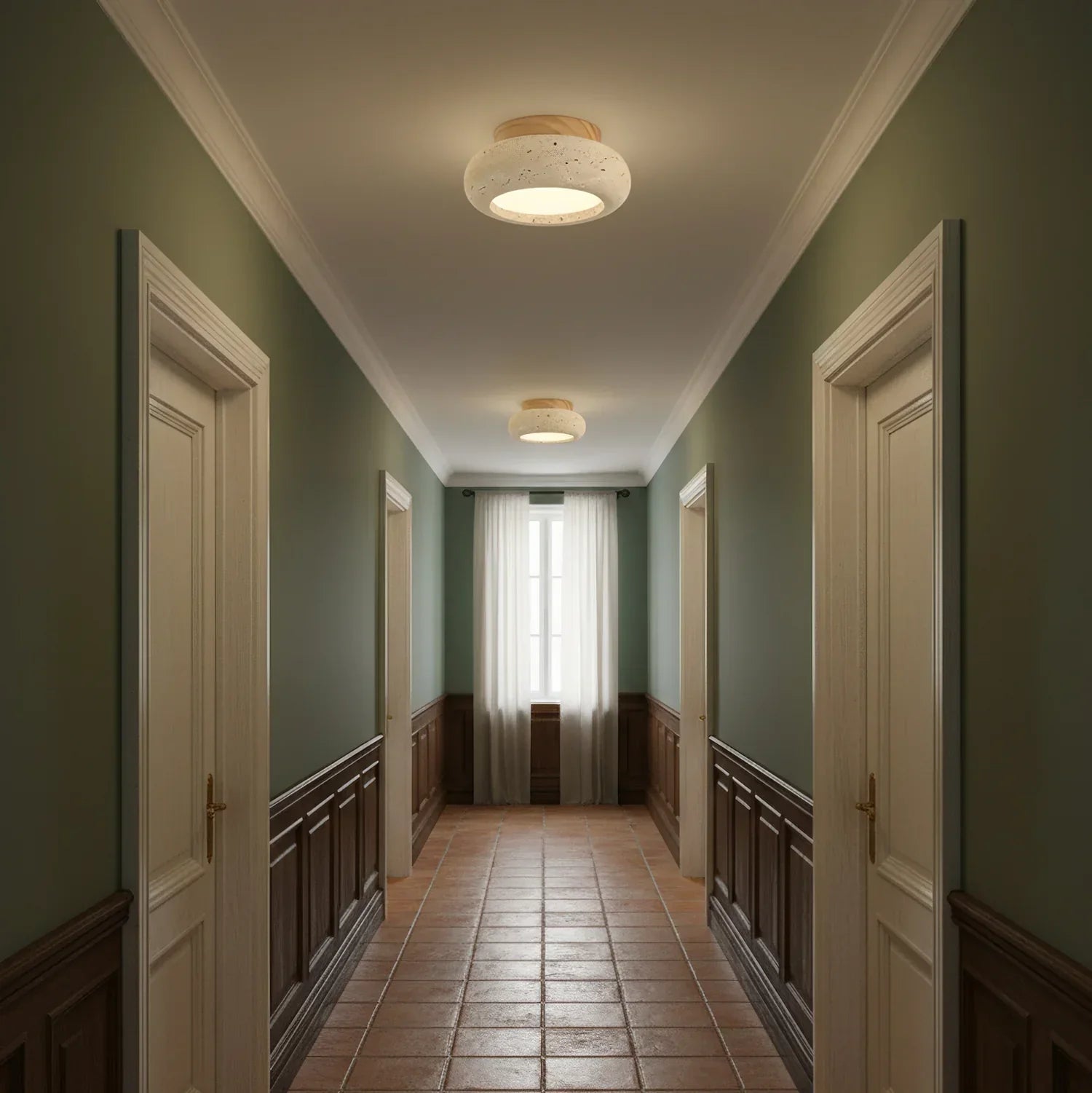 Ceiling Light Travertine Stone Wood Base Modern Interior | Norvin
