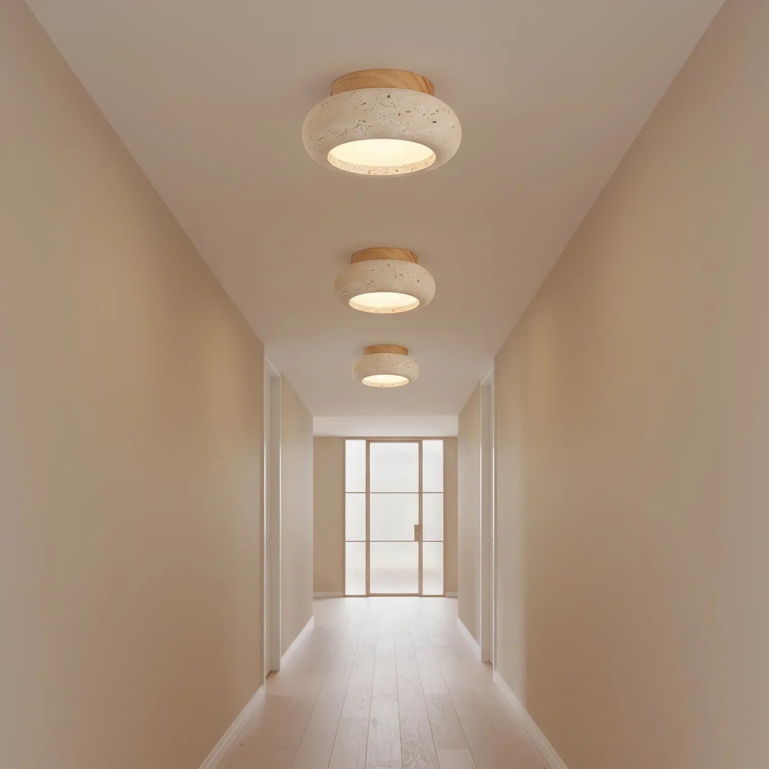 Ceiling Light Travertine Stone Wood Base Modern Interior | Norvin