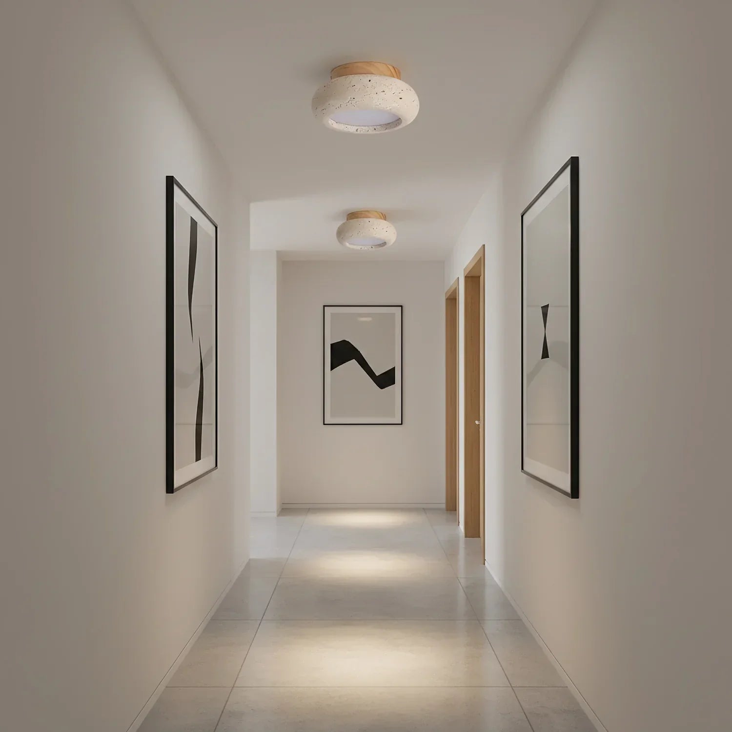 Ceiling Light Travertine Stone Wood Base Modern Interior | Norvin