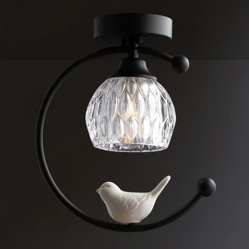 Modern Brass Ceiling Light with Ceramic Bird Accent | Narvyn