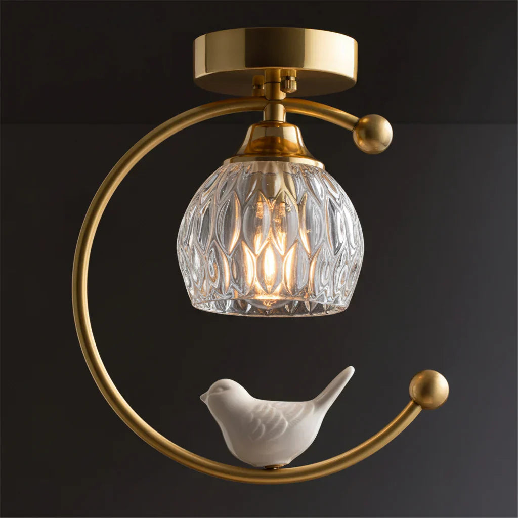 Modern Brass Ceiling Light with Ceramic Bird Accent | Narvyn