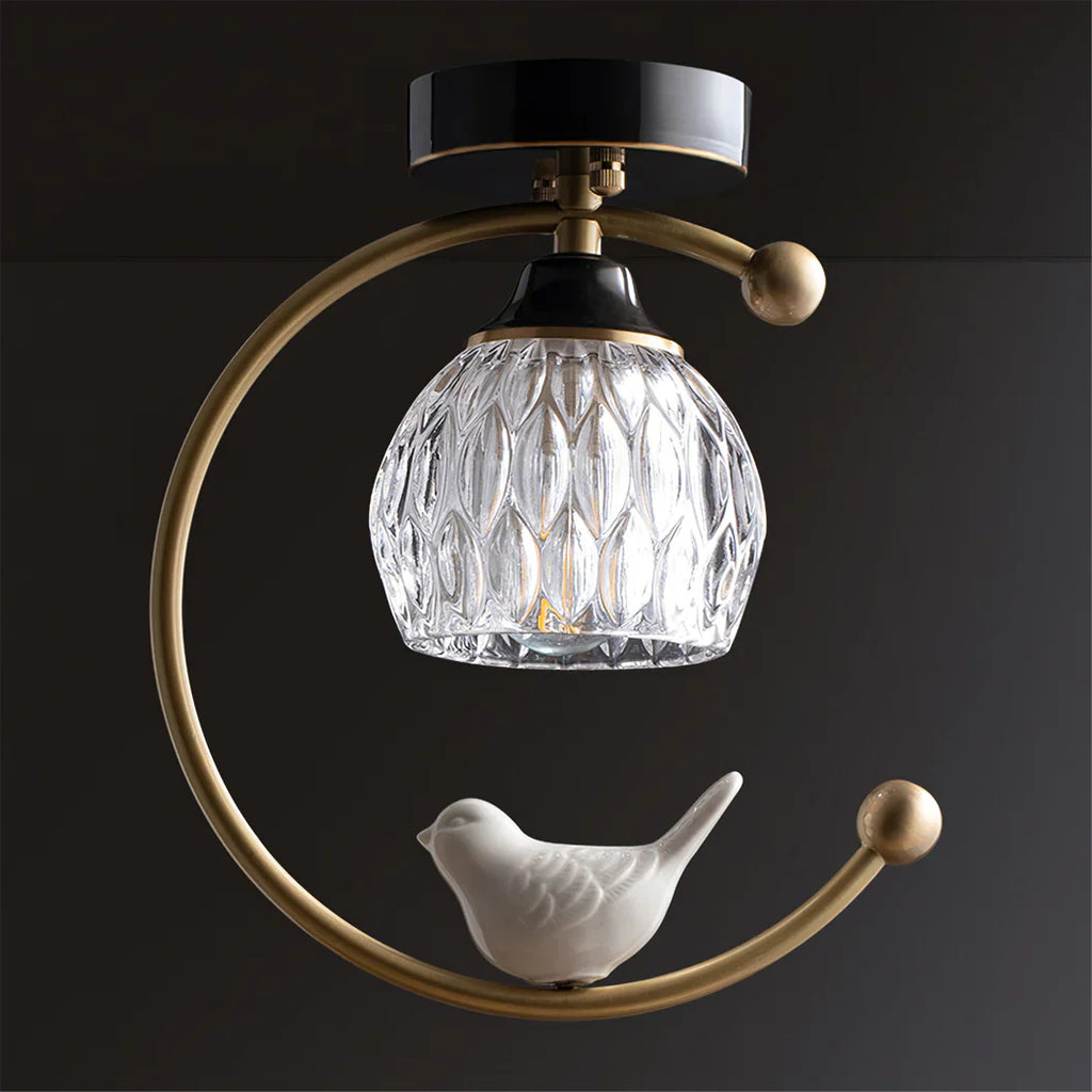 Modern Brass Ceiling Light with Ceramic Bird Accent | Narvyn