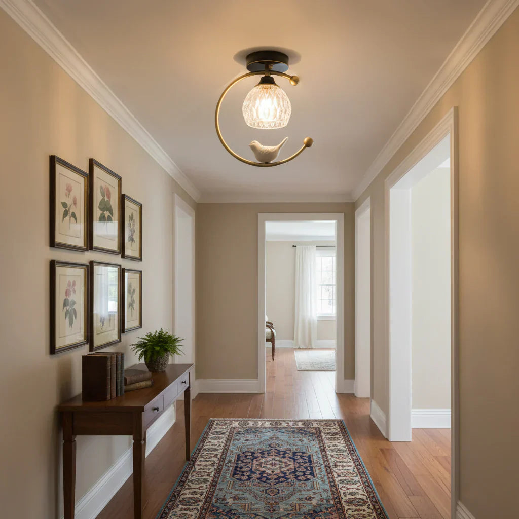 Modern Brass Ceiling Light with Ceramic Bird Accent | Narvyn