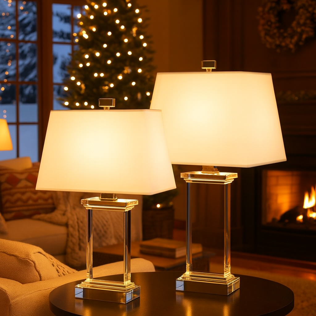 Modern Crystal Base Table Lamp with White Shade | Velari