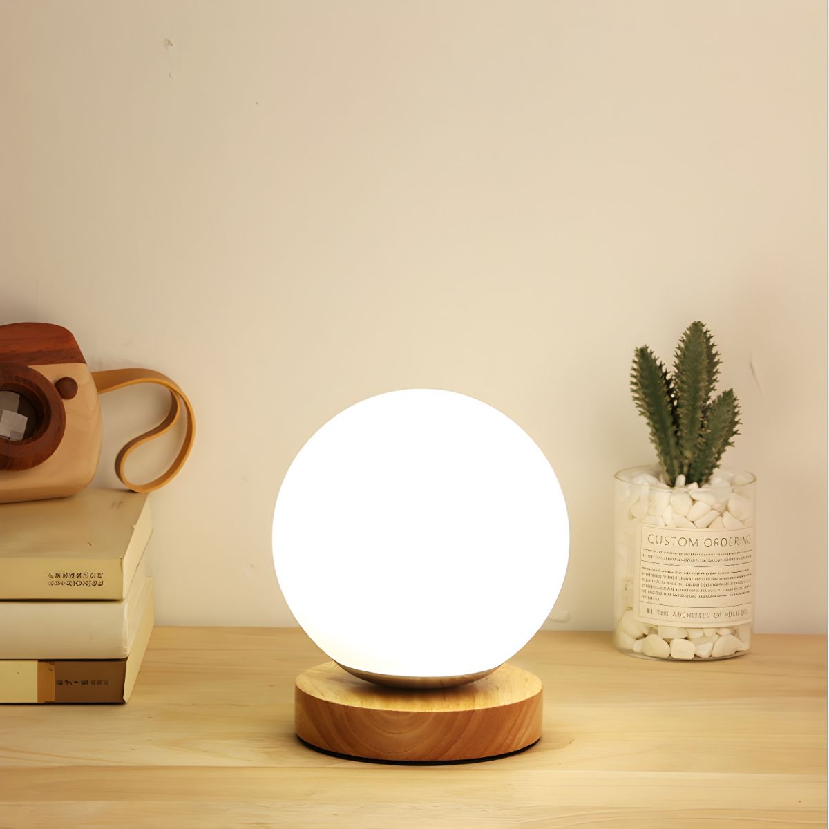 Modern Globe Glass Table Lamp with Wood Base Accent | Lumetriq
