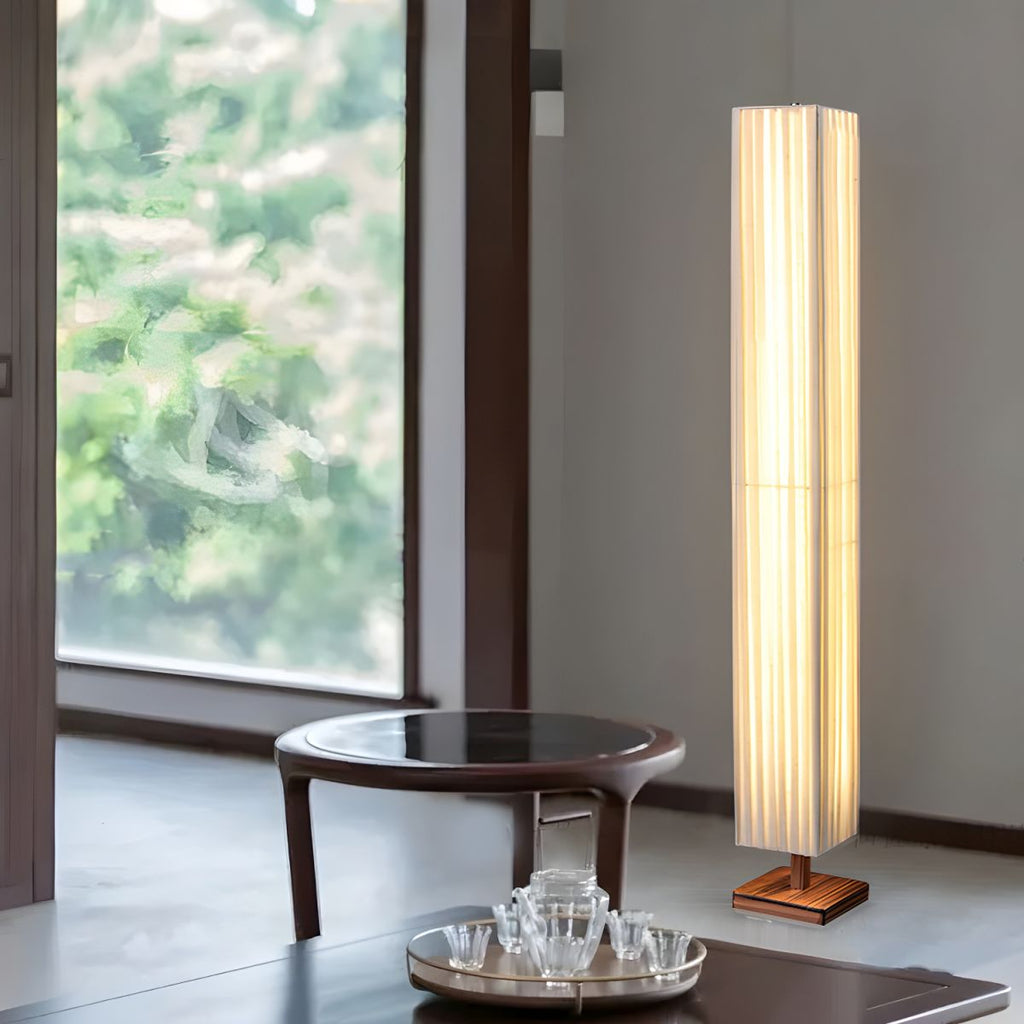 Modern LED Floor Lamp with Wood Column Fabric Shade | Calyron