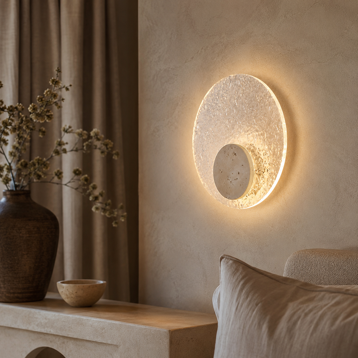 Round Travertine LED Wall Light - Modern Acrylic Sconce