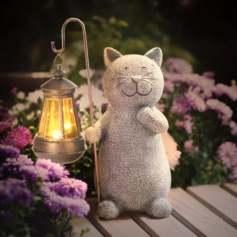 Solar Cat Garden Statue with LED Lantern Light Decor | Zenvra