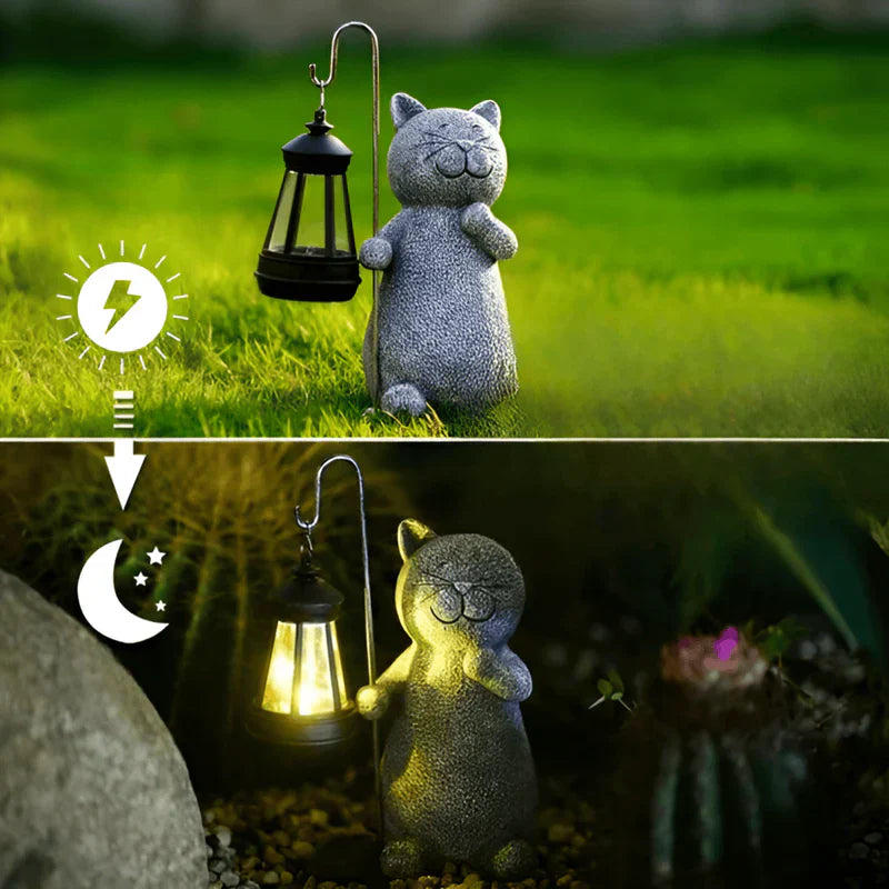 Solar Cat Garden Statue with LED Lantern Light Decor | Zenvra