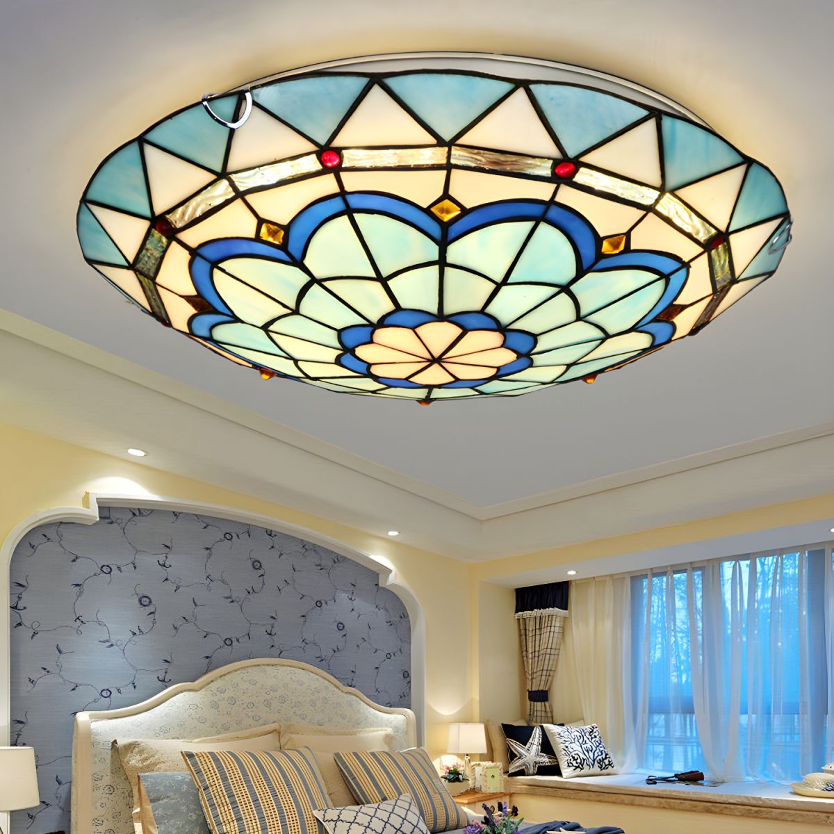 Tiffany Glass Flush Mount Ceiling Light in Blue | Avenar