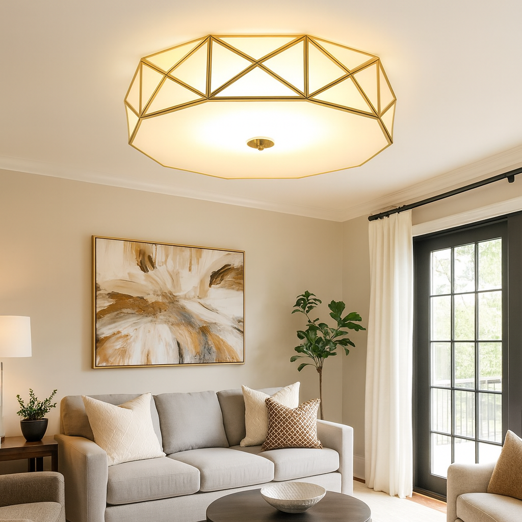 Vintage Drum Ceiling Light Frosted Glass Brass 3 Light | Cirelle